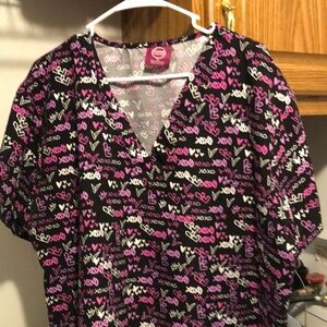 Black and Pink Heart Print Scrub Top
